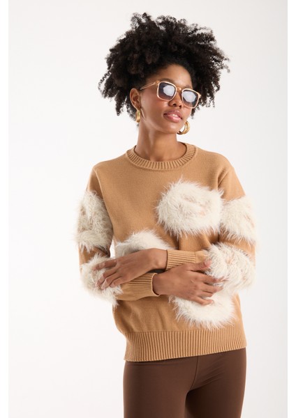 Kadın Bej Sakal Iplik Bisiklet Yaka Triko Kazak indirimleri