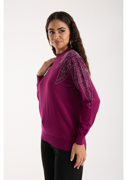 Kadın Mürdüm Viskon Kumaş Taş Detaylı Omuzlar Yarım Balıkçı Yaka Triko Bluz fiyatları