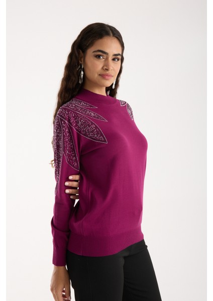 Kadın Mürdüm Viskon Kumaş Taş Detaylı Omuzlar Yarım Balıkçı Yaka Triko Bluz modelleri