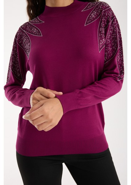 Kadın Mürdüm Viskon Kumaş Taş Detaylı Omuzlar Yarım Balıkçı Yaka Triko Bluz fırsatları