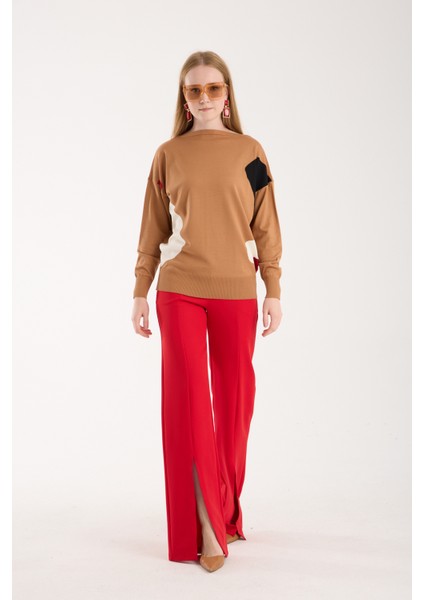 Kadın Bej Viskon Kumaş Renk Bloklu Kayık Yaka Triko Bluz