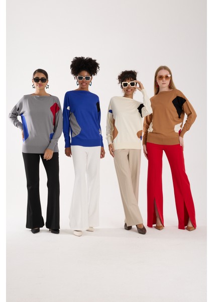 Kadın Bej Viskon Kumaş Renk Bloklu Kayık Yaka Triko Bluz