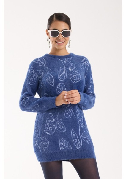 Kadın Indigo Sakal Iplik Yaprak Desenli Bisiklet Yaka Triko Bluz