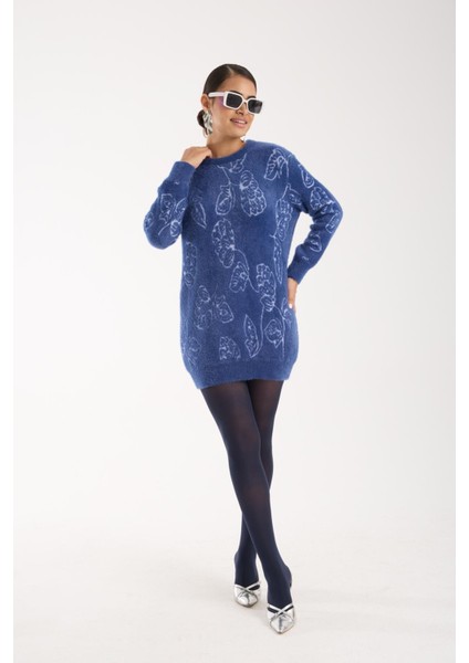 Kadın Indigo Sakal Iplik Yaprak Desenli Bisiklet Yaka Triko Bluz fiyatları