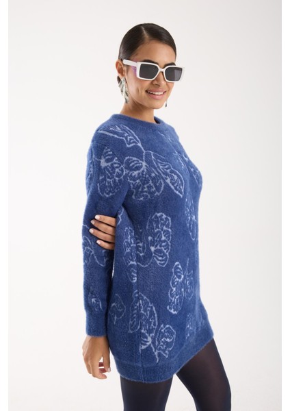 Kadın Indigo Sakal Iplik Yaprak Desenli Bisiklet Yaka Triko Bluz modelleri