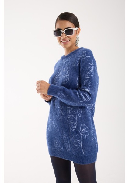 Kadın Indigo Sakal Iplik Yaprak Desenli Bisiklet Yaka Triko Bluz fırsatları