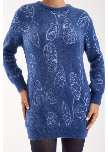 Kadın Indigo Sakal Iplik Yaprak Desenli Bisiklet Yaka Triko Bluz