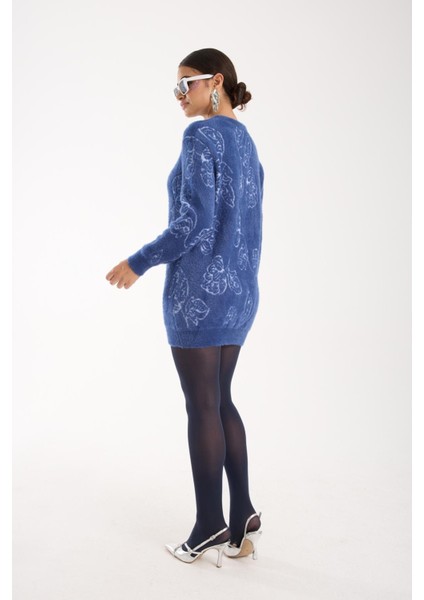 Kadın Indigo Sakal Iplik Yaprak Desenli Bisiklet Yaka Triko Bluz