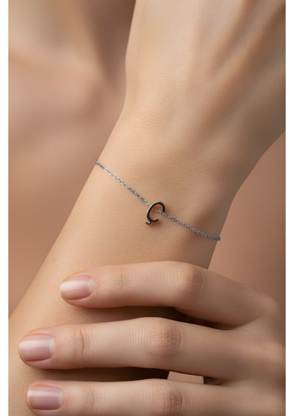 Ç Harfi 18 Ayar Beyaz Altın Kaplama 18 cm Gümüş Bileklik