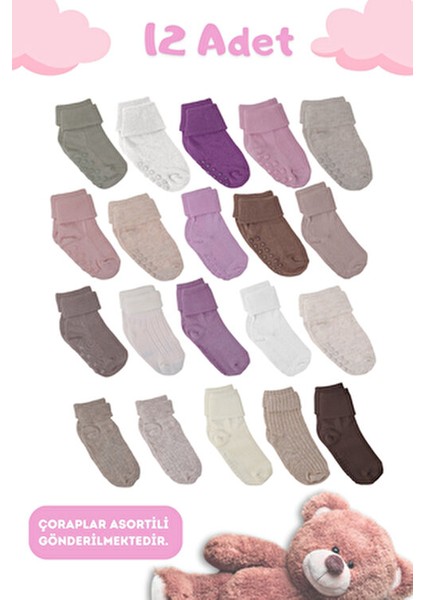 Kız Bebek Kaydırmaz Pamuklu Yumuşak Çorap – 12’li Paket