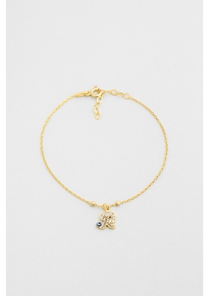 R Harfi 18 Ayar Sarı Altın Kaplama 19 cm Gümüş Nazar Bileklik