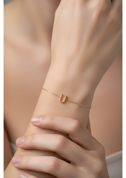 Ü Harfi 18 Ayar Sarı Altın Kaplama 18 cm Gümüş Bileklik