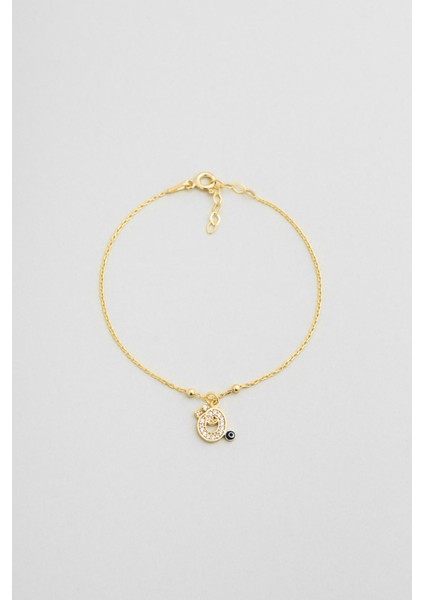 Ö Harfi 18 Ayar Sarı Altın Kaplama 19 cm Gümüş Nazar Bileklik