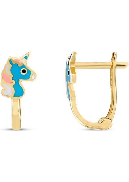 Unicorn Figürlü Altın Çocuk Küpe - 14K