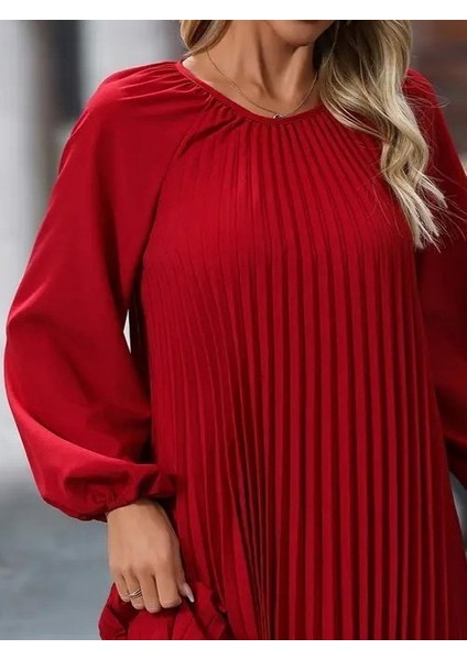 Kadın Uzun Kollu Yuvarlak Yaka Pileli Salaş Mini Ithal Krep Elbise fiyatları