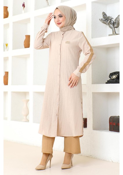 Arma Detaylı Düğmeli Takım Bej 19194