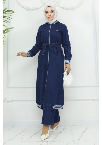 Kapşonlu Ribanalı Kot Takım Koyu Mavi 19244