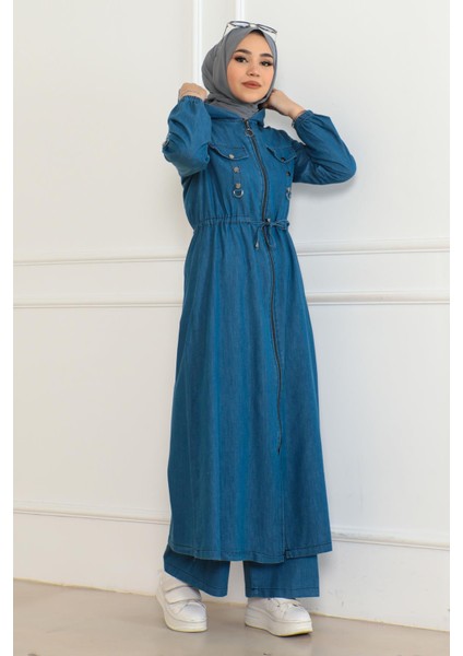 Kapşonlu Beli Bağcıklı Kot Takım Açık Mavi 19235
