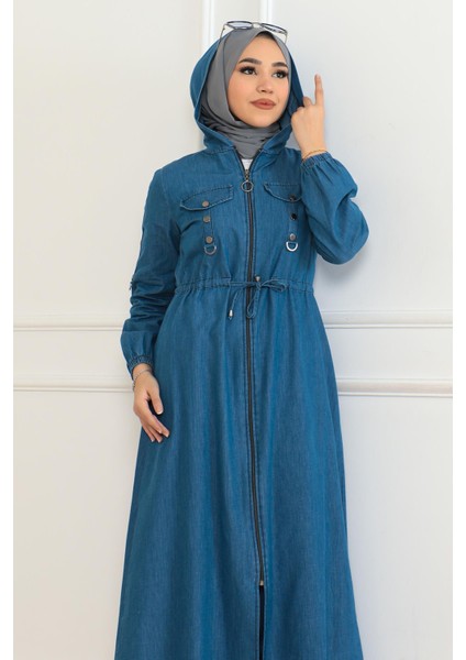 Kapşonlu Beli Bağcıklı Kot Takım Açık Mavi 19235 fiyatları