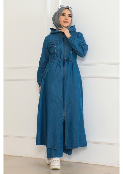 Kapşonlu Beli Bağcıklı Kot Takım Açık Mavi 19235 modelleri