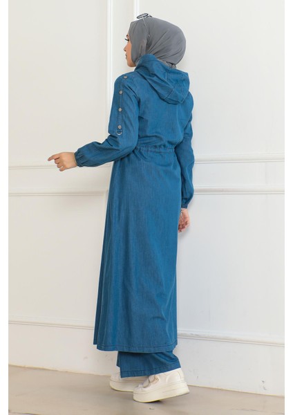 Kapşonlu Beli Bağcıklı Kot Takım Açık Mavi 19235 fırsatları