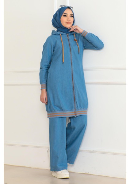 Fermuarlı Ribanalı Kot Takım Açık Mavi 19363 modelleri