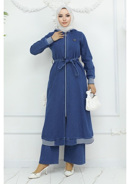 Kapşonlu Ribanalı Kot Takım Açık Mavi 19244