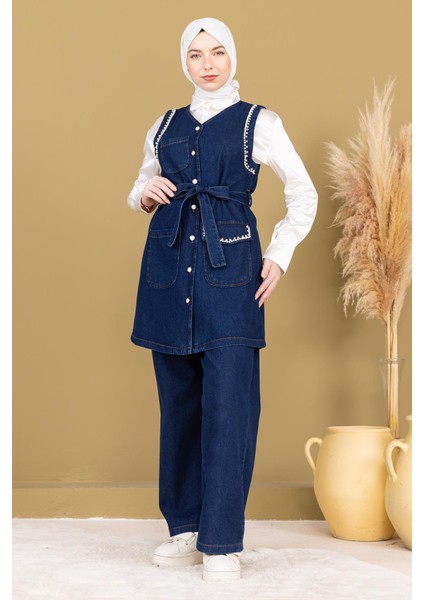 Inci Detaylı Ikili Kot Takım Koyu Mavi 19245