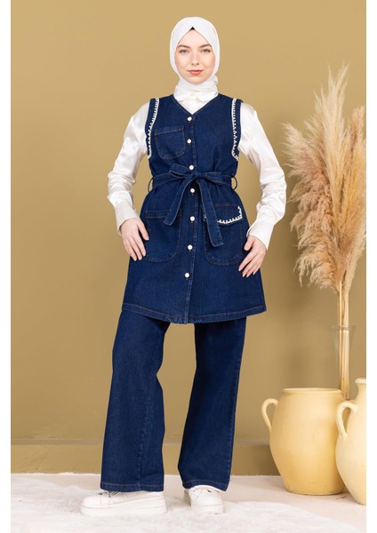 Inci Detaylı Ikili Kot Takım Koyu Mavi 19245 modelleri