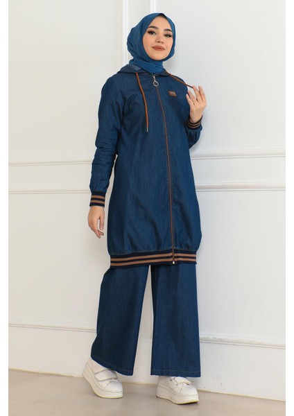 Fermuarlı Ribanalı Kot Takım Koyu Mavi 19363