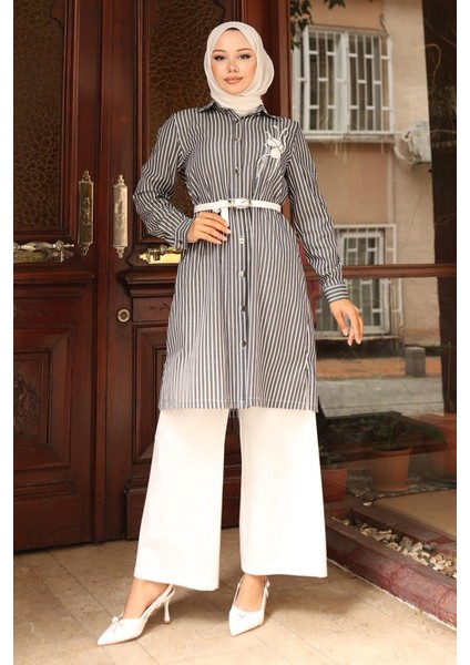 Çizgili Nakış Detaylı Takım Siyah 19261