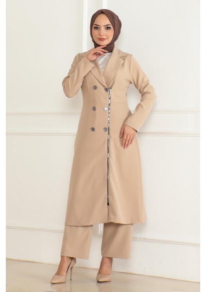 Düğme Detaylı Fermuarlı Takım Bej MSW19219