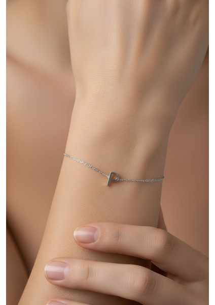 P Harfi 18 Ayar Beyaz Altın Kaplama 18 cm Gümüş Bileklik