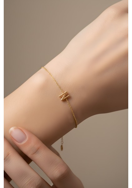 N Harfi 18 Ayar Sarı Altın Kaplama 18 cm Gümüş Bileklik