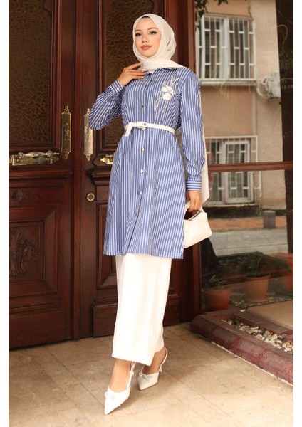 Çizgili Nakış Detaylı Takım Mavi 19261