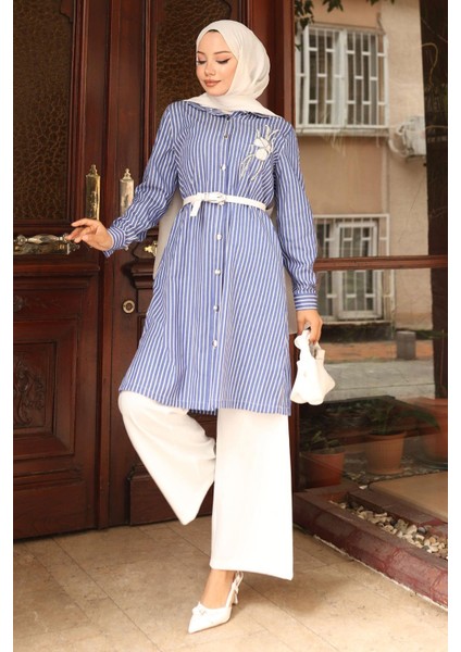 Çizgili Nakış Detaylı Takım Mavi 19261 modelleri