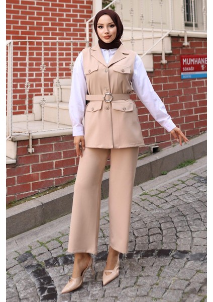 Süs Cep Detaylı Yelekli Takım Bej MSW19249
