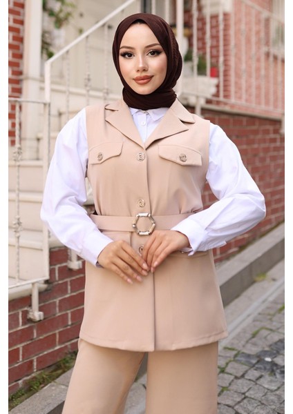 Süs Cep Detaylı Yelekli Takım Bej MSW19249 fiyatları