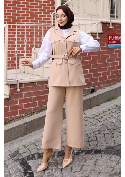 Süs Cep Detaylı Yelekli Takım Bej MSW19249 modelleri