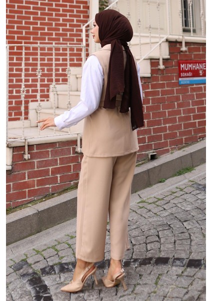 Süs Cep Detaylı Yelekli Takım Bej MSW19249 fırsatları