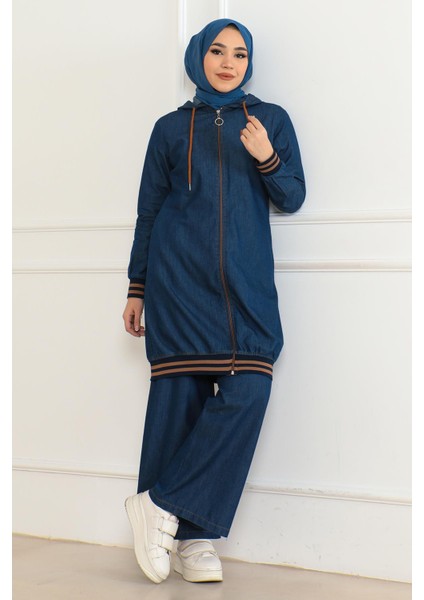 Fermuarlı Ribanalı Kot Takım Koyu Mavi 19363 modelleri