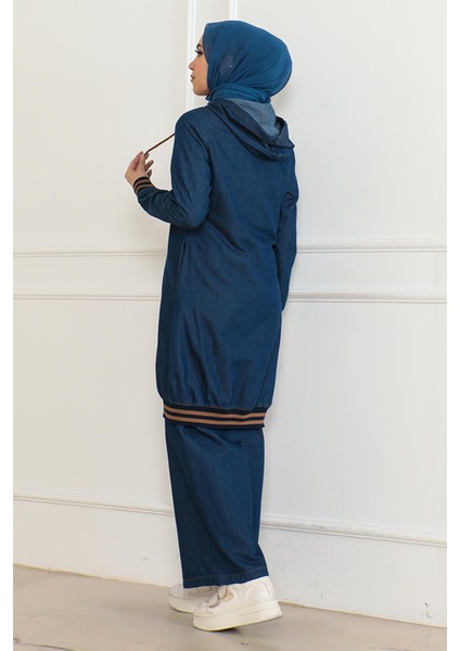 Fermuarlı Ribanalı Kot Takım Koyu Mavi 19363 fırsatları