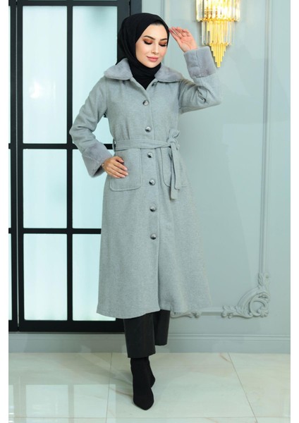 Kürk Detaylı Kaşe Kaban Gri 19175