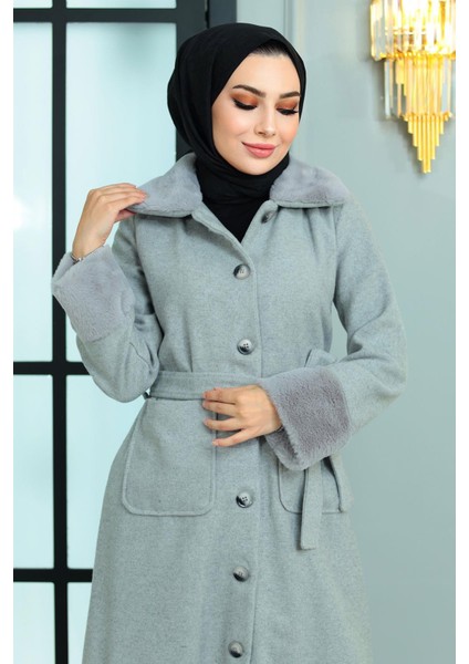 Kürk Detaylı Kaşe Kaban Gri 19175 fiyatları