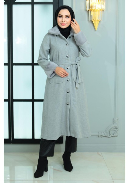 Kürk Detaylı Kaşe Kaban Gri 19175 modelleri