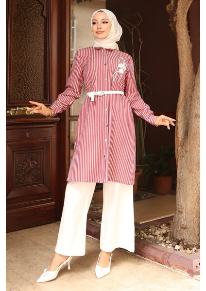Çizgili Nakış Detaylı Takım Bordo 19261