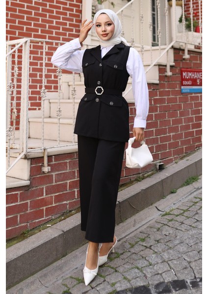 Süs Cep Detaylı Yelekli Takım Siyah MSW19249