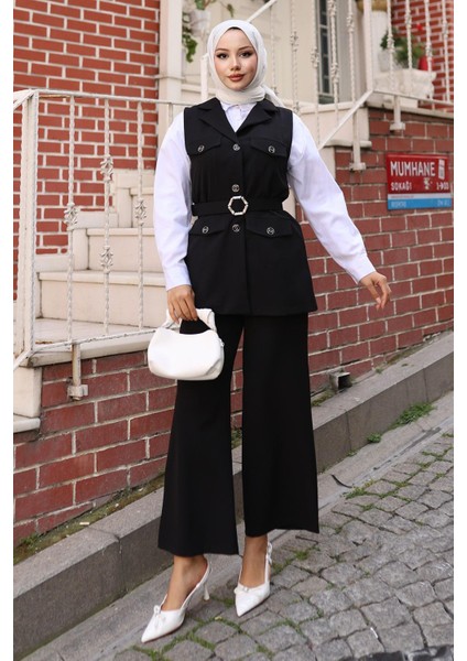 Süs Cep Detaylı Yelekli Takım Siyah MSW19249 modelleri