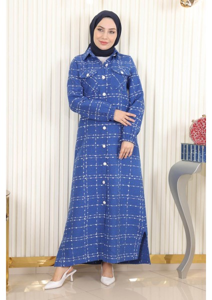 Düğmeli Kaşe Kaban Indigo 19260