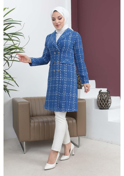 Düğmeli Geniş Yaka Kaşe Kaban Indigo 19177 fırsatları